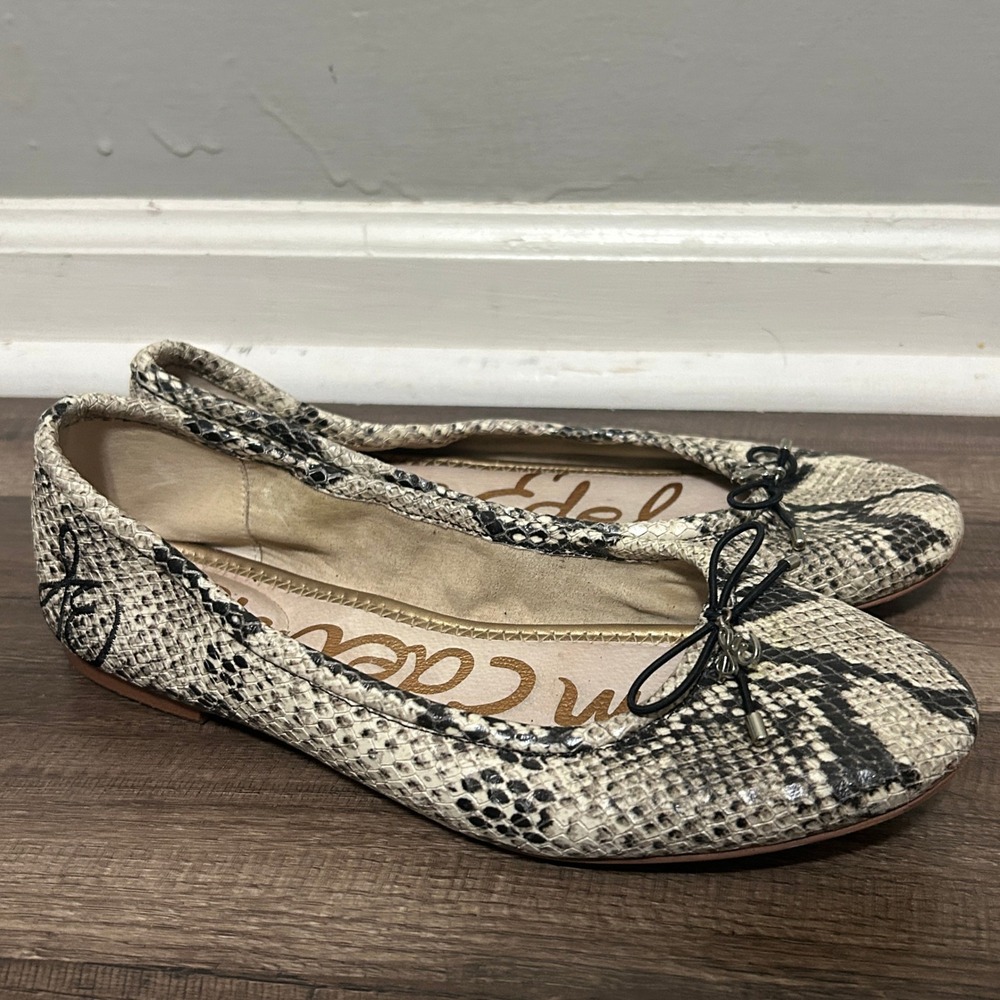 Sam Edelman Felicia Ballet Flats Women 8 Beige Snakeskin Leather Bow Round Toe